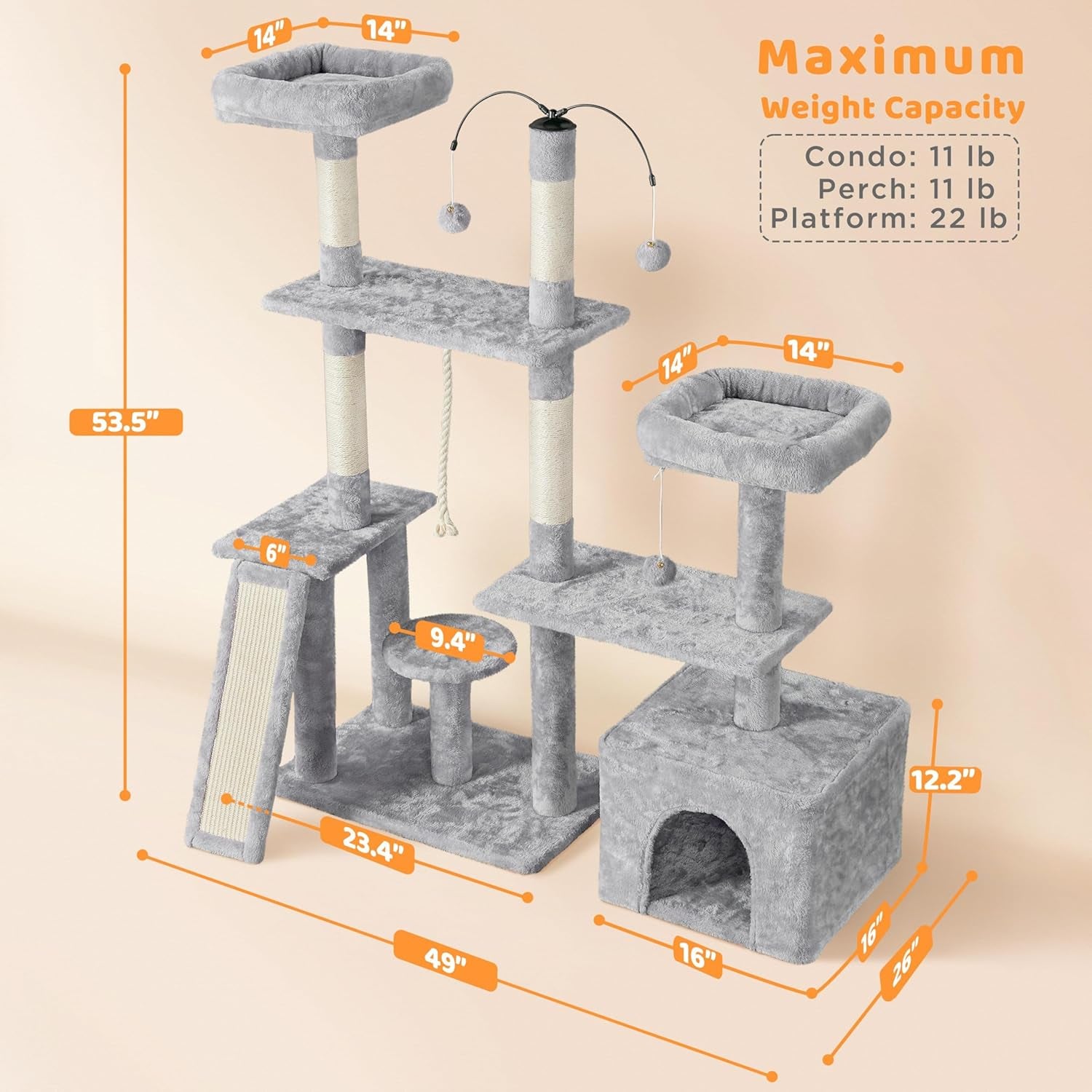 Yaheetech Cat Tree, 53.5 Inch Pet Play House with Sisal Scratching Posts, Condo, Perches, Wide Platform for Indoor Kittens/Adult Cats, Light Gray