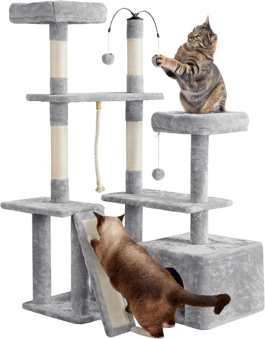 Yaheetech Cat Tree, 53.5 Inch Pet Play House with Sisal Scratching Posts, Condo, Perches, Wide Platform for Indoor Kittens/Adult Cats, Light Gray