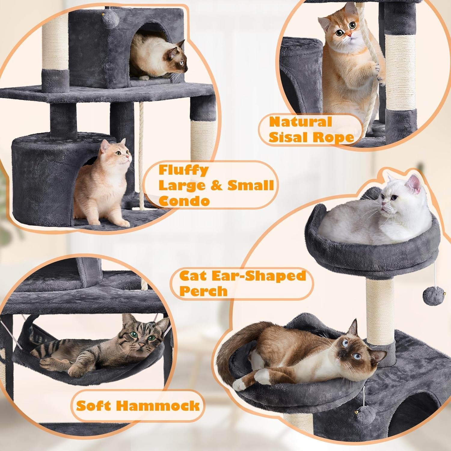 Yaheetech 62.5Inches Cat Tree Cat Tower Cat Condo with Platform & Hammock, Scratching Posts for Kittens Pet Play House with Plush Perch for Indoor Activity Relaxing, Dark Gray