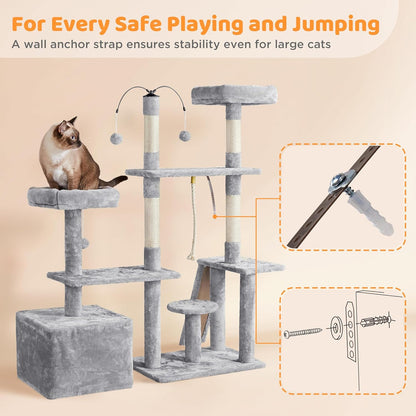 Yaheetech Cat Tree, 53.5 Inch Pet Play House with Sisal Scratching Posts, Condo, Perches, Wide Platform for Indoor Kittens/Adult Cats, Light Gray