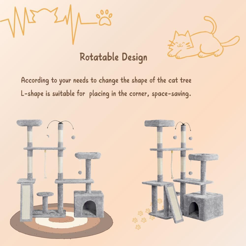 Yaheetech Cat Tree, 53.5 Inch Pet Play House with Sisal Scratching Posts, Condo, Perches, Wide Platform for Indoor Kittens/Adult Cats, Light Gray