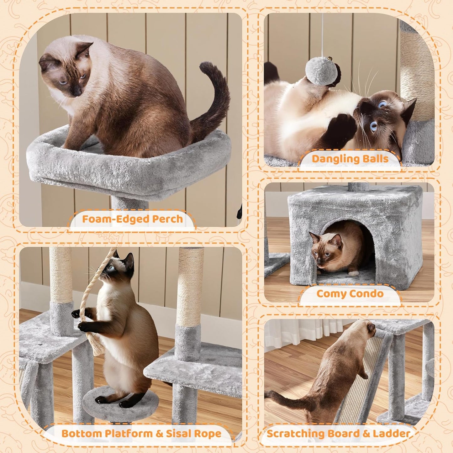 Yaheetech Cat Tree, 53.5 Inch Pet Play House with Sisal Scratching Posts, Condo, Perches, Wide Platform for Indoor Kittens/Adult Cats, Light Gray