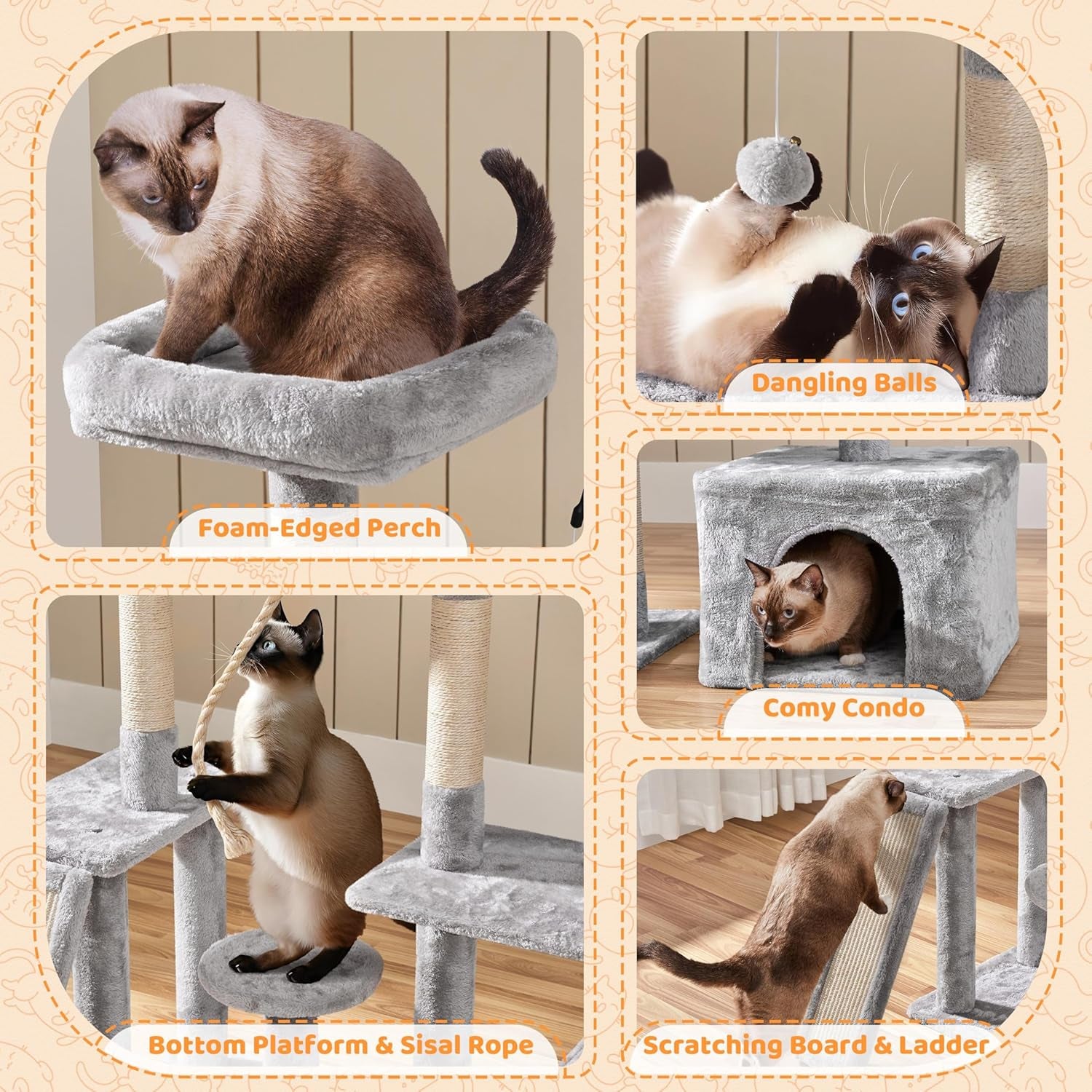 Yaheetech Cat Tree, 53.5 Inch Pet Play House with Sisal Scratching Posts, Condo, Perches, Wide Platform for Indoor Kittens/Adult Cats, Light Gray