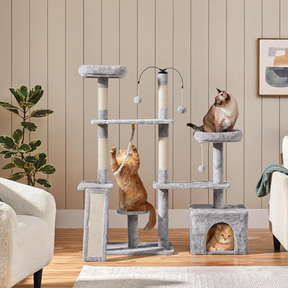 Yaheetech Cat Tree, 53.5 Inch Pet Play House with Sisal Scratching Posts, Condo, Perches, Wide Platform for Indoor Kittens/Adult Cats, Light Gray