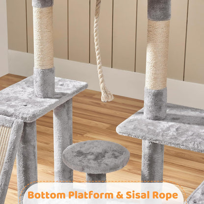 Yaheetech Cat Tree, 53.5 Inch Pet Play House with Sisal Scratching Posts, Condo, Perches, Wide Platform for Indoor Kittens/Adult Cats, Light Gray
